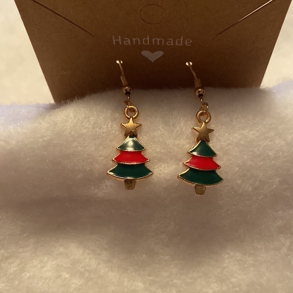 Green Red  Christmas Tree with Star Earrings